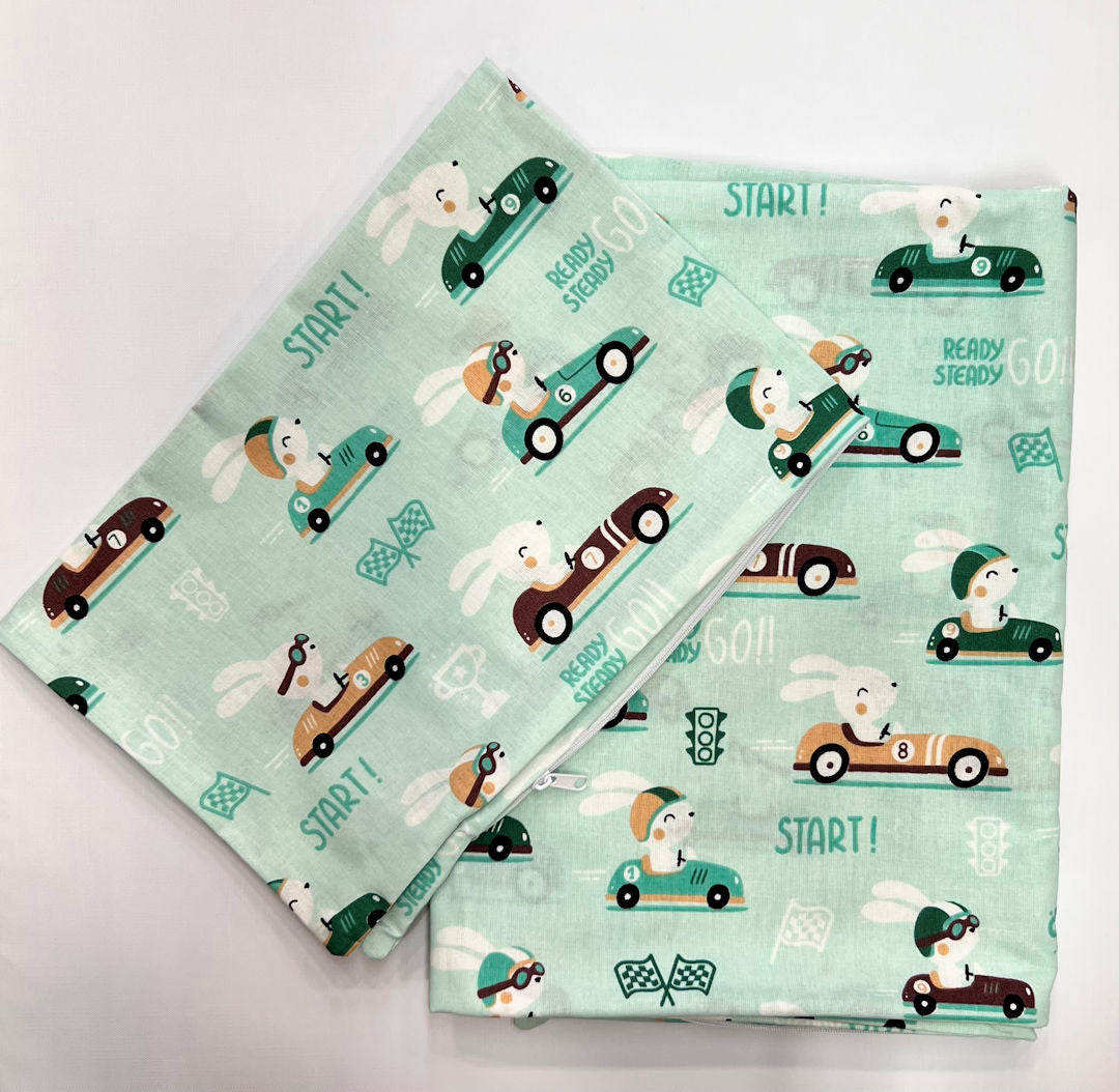 2 részes, nyuszis és versenyautós, zipzáros, 100% pamut gyerek ágynemű huzat