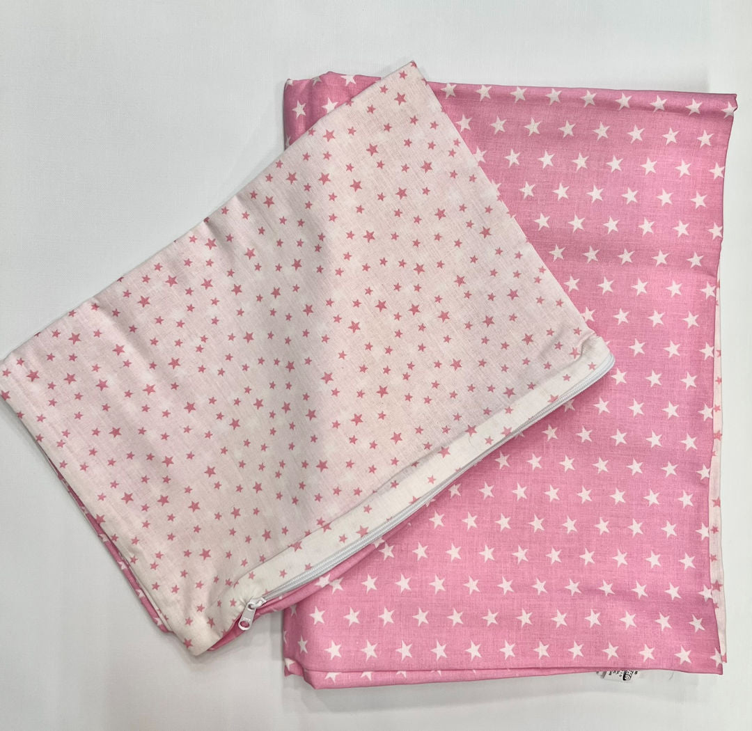 2 részes, rózsaszín csillagos, zipzáros, 100% pamut gyerek ágynemű huzat